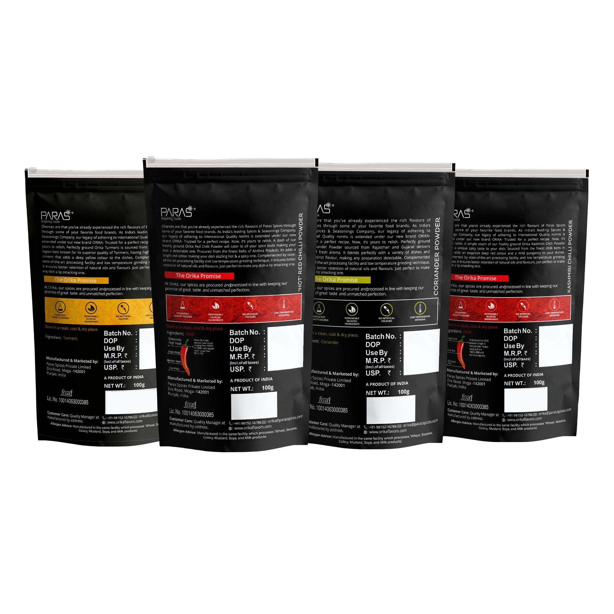 Orika Salem Turmeric, Hot Red Chilli Powder, Kashmiri Red Chilli Powder, Coriander Powder 100 Gm Each